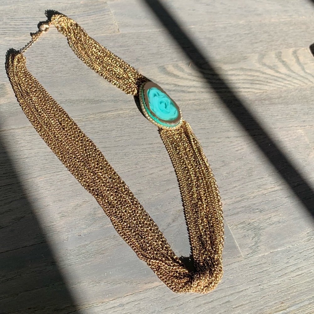 Gold Multi Chain Necklace with Turquoise Stone